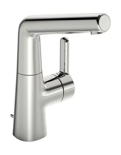 Einhebelmischer aus verchromtem Material mit seitlichem Hebel und Ausladung. Designed von HANSA, geeignet für Waschtische mit integriertem Ablauf.